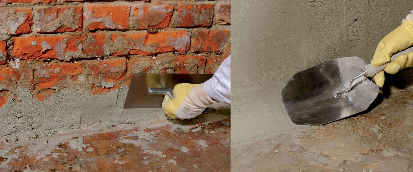 Wykonanie fasety szpachlówką uszczelniającą weber.tec 933 na styku ściany i podłogi w piwnicy od środka - przygotowanie do wykonania izolacji wannowej. fot. weber